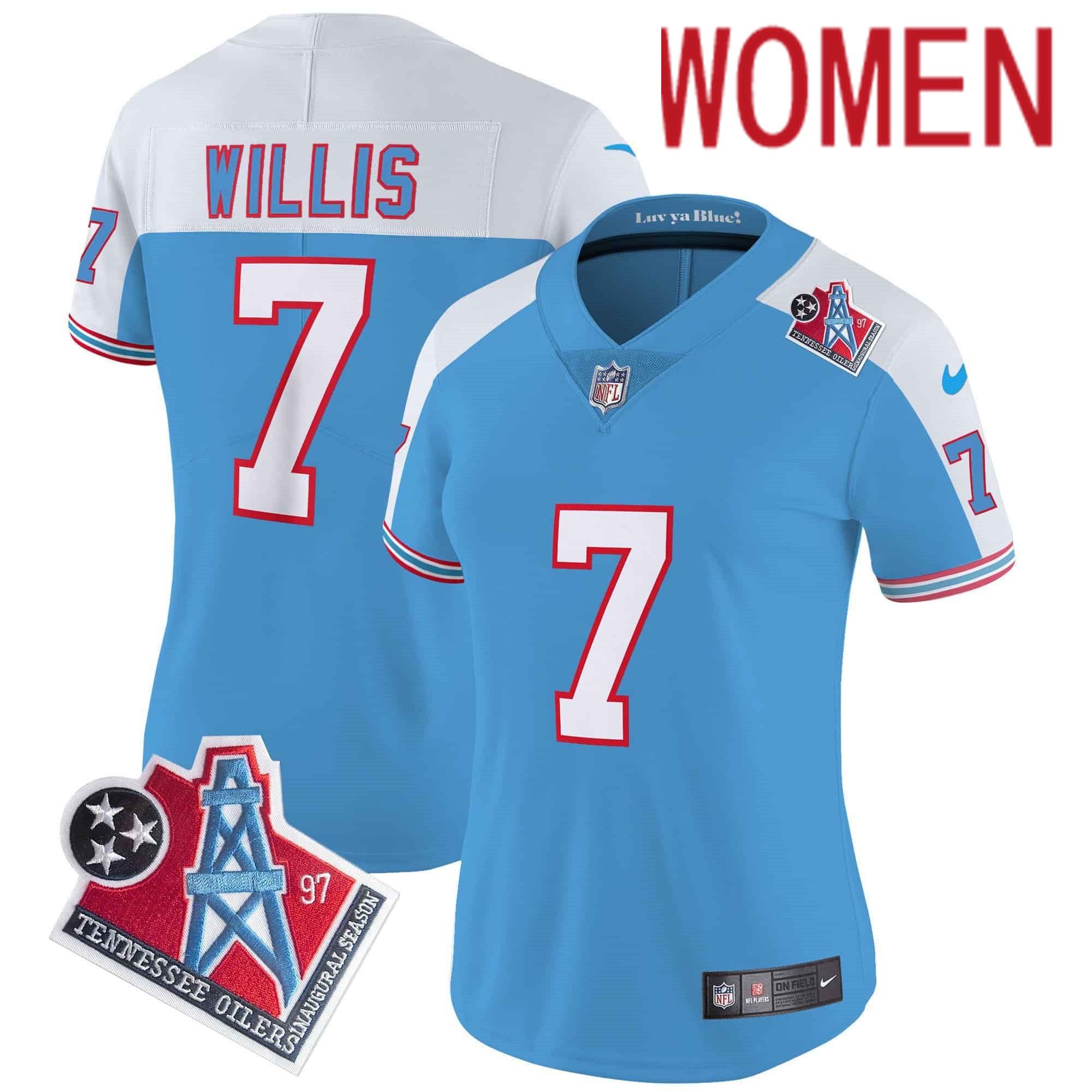 Women Tennessee Titans #7 Willis Light Blue 1997 Throwback 2024 Nike Limited Vapor NFL Jersey style 1